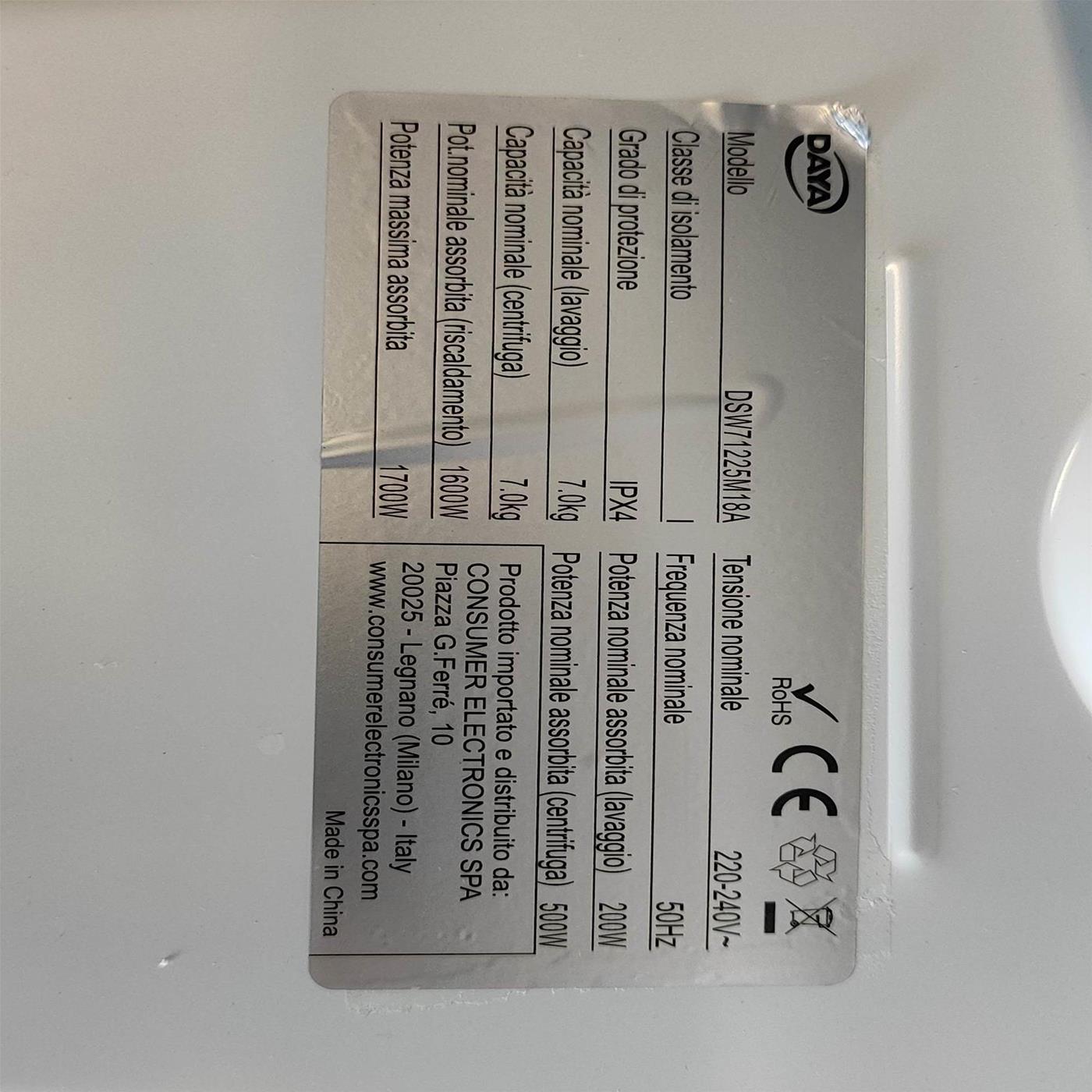 Lavatrice DAYA DSW71225M18A Motore Inverter Classe A 7 Kg