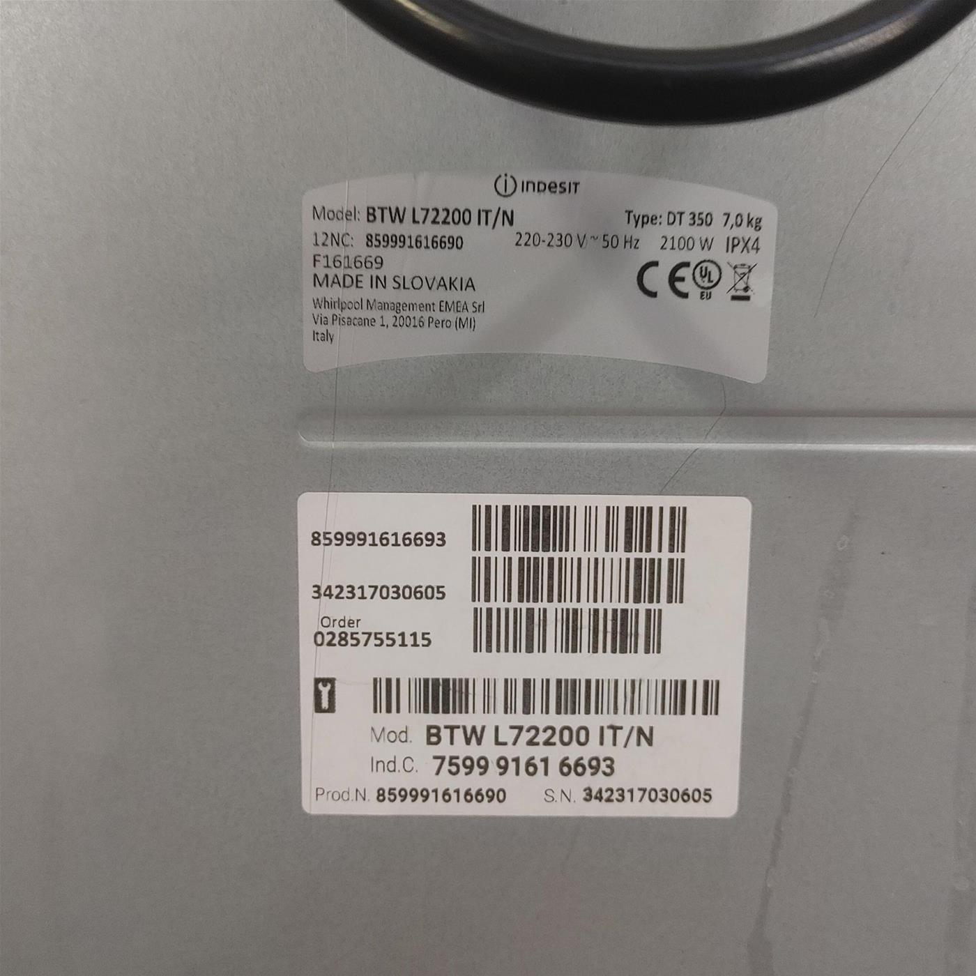 Indesit BTWL72200IT/N lavatrice Caricamento dall'alto 7 kg 1200 Giri/min Bianco
