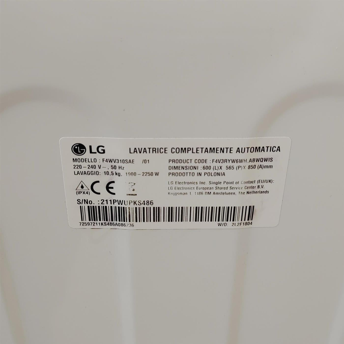 LG F4WV310SAE lavatrice Caricamento frontale 10,5 kg 1400 Giri/min A Bianco