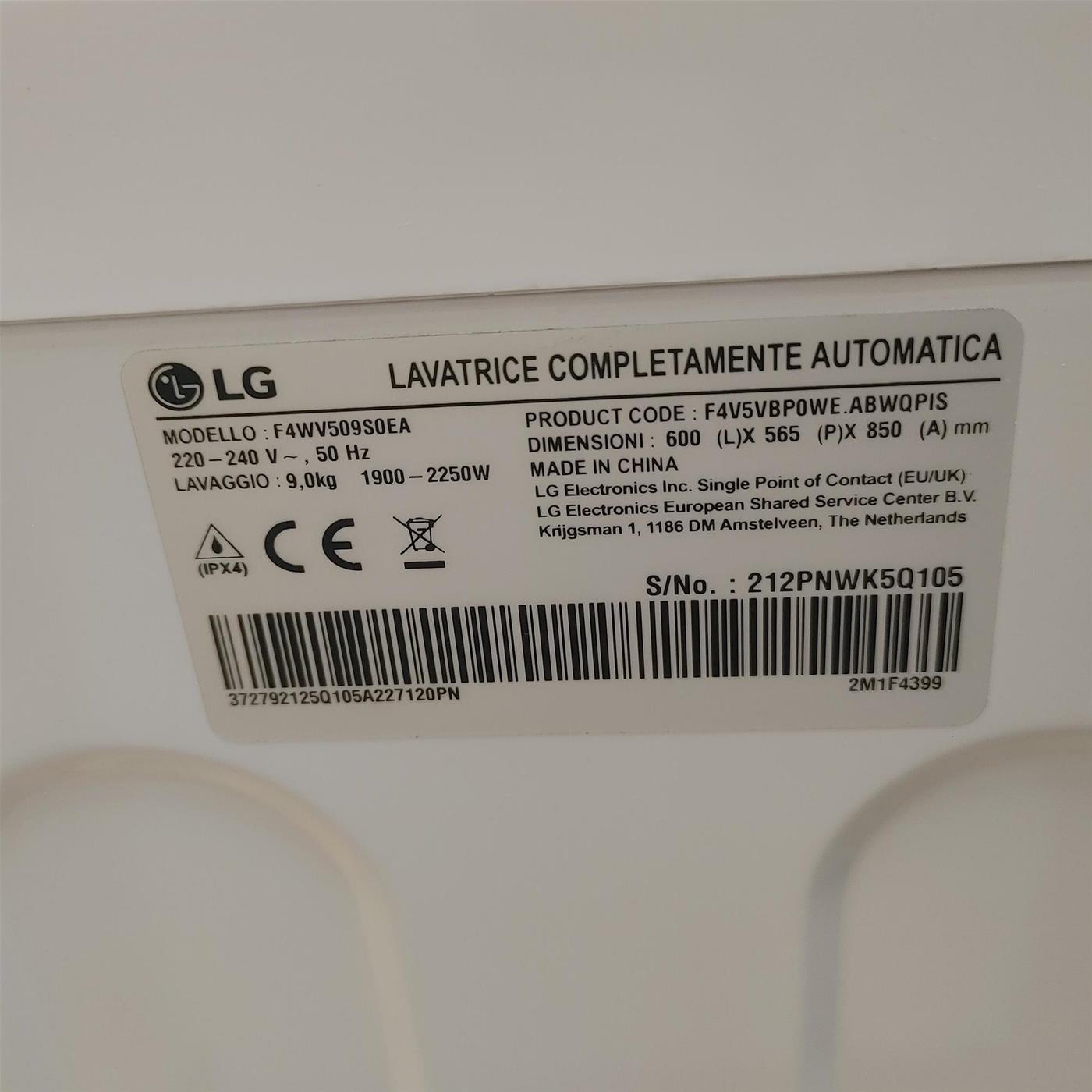 LG F4WV509S0EA Lavatrice 9kg AI DD, Classe B, 1400 giri, TurboWash, Autodosaggio