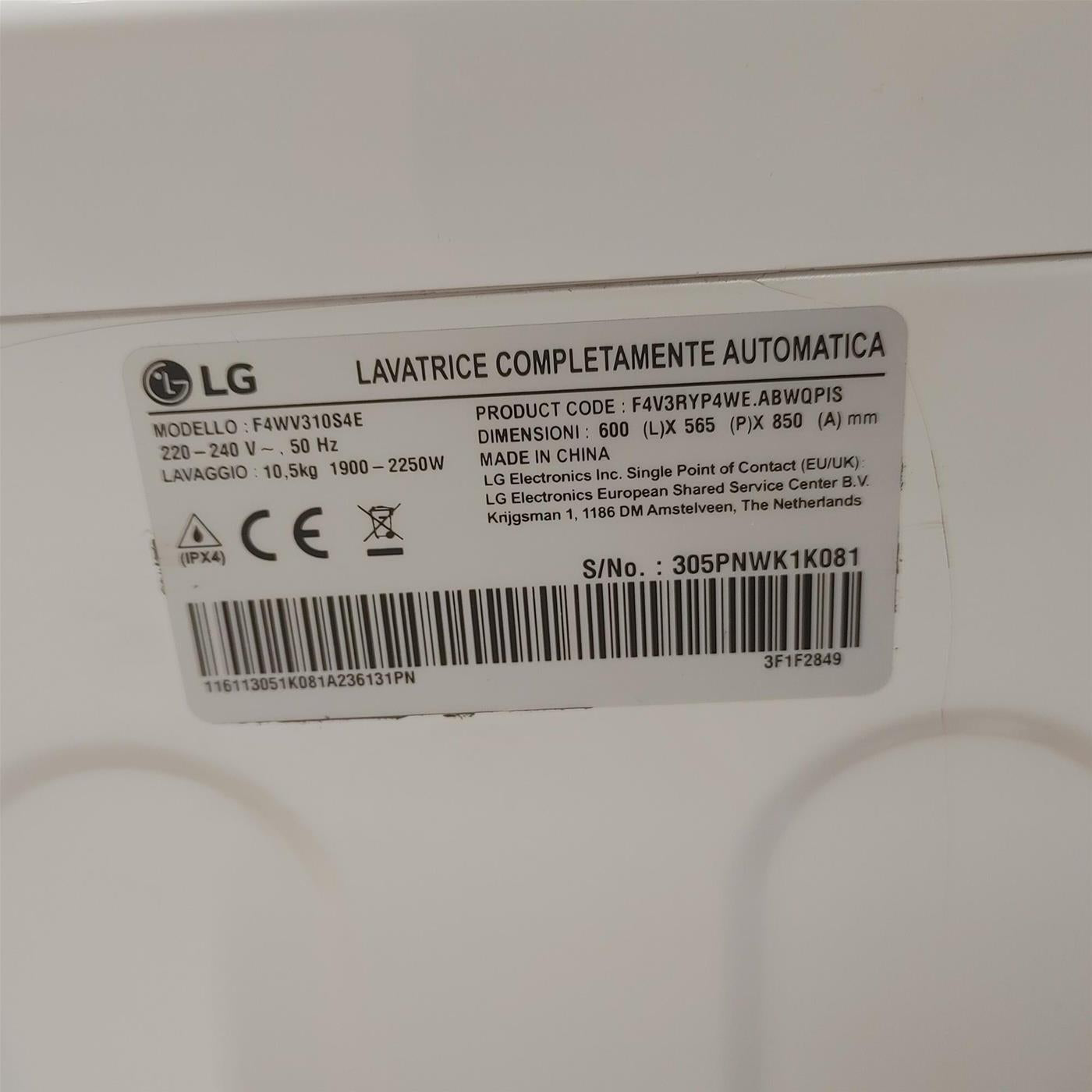LG F4WV310S4E.ABWQWIS lavatrice Carica frontale 10,5 kg 1400 Giri/min Bianco