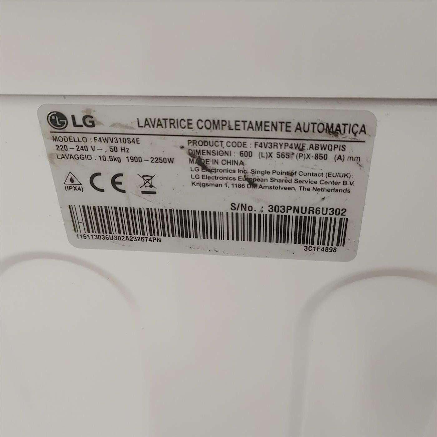LG F4WV310S4E.ABWQWIS lavatrice Carica frontale 10,5 kg 1400 Giri/min Bianco