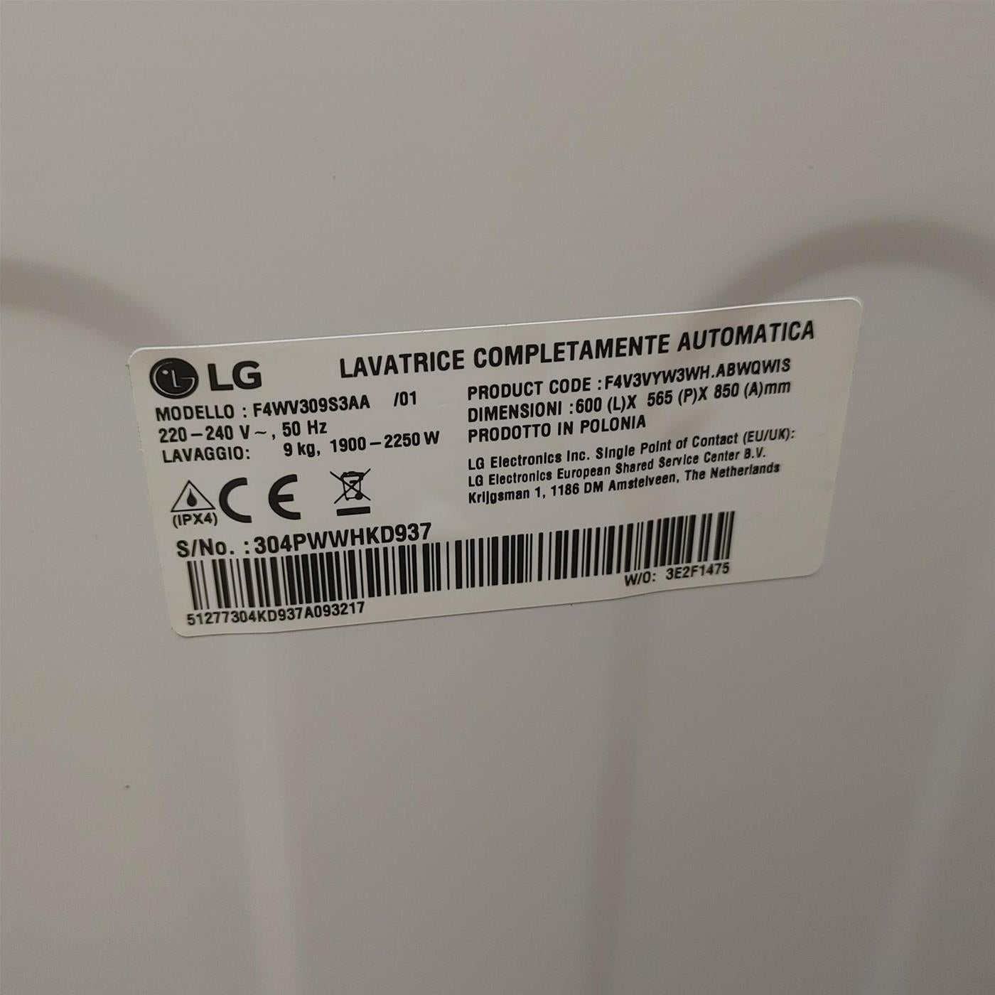 Lavatrice LG F4WV309S3AA Carica frontale 9 kg 1400 Giri/min Bianco