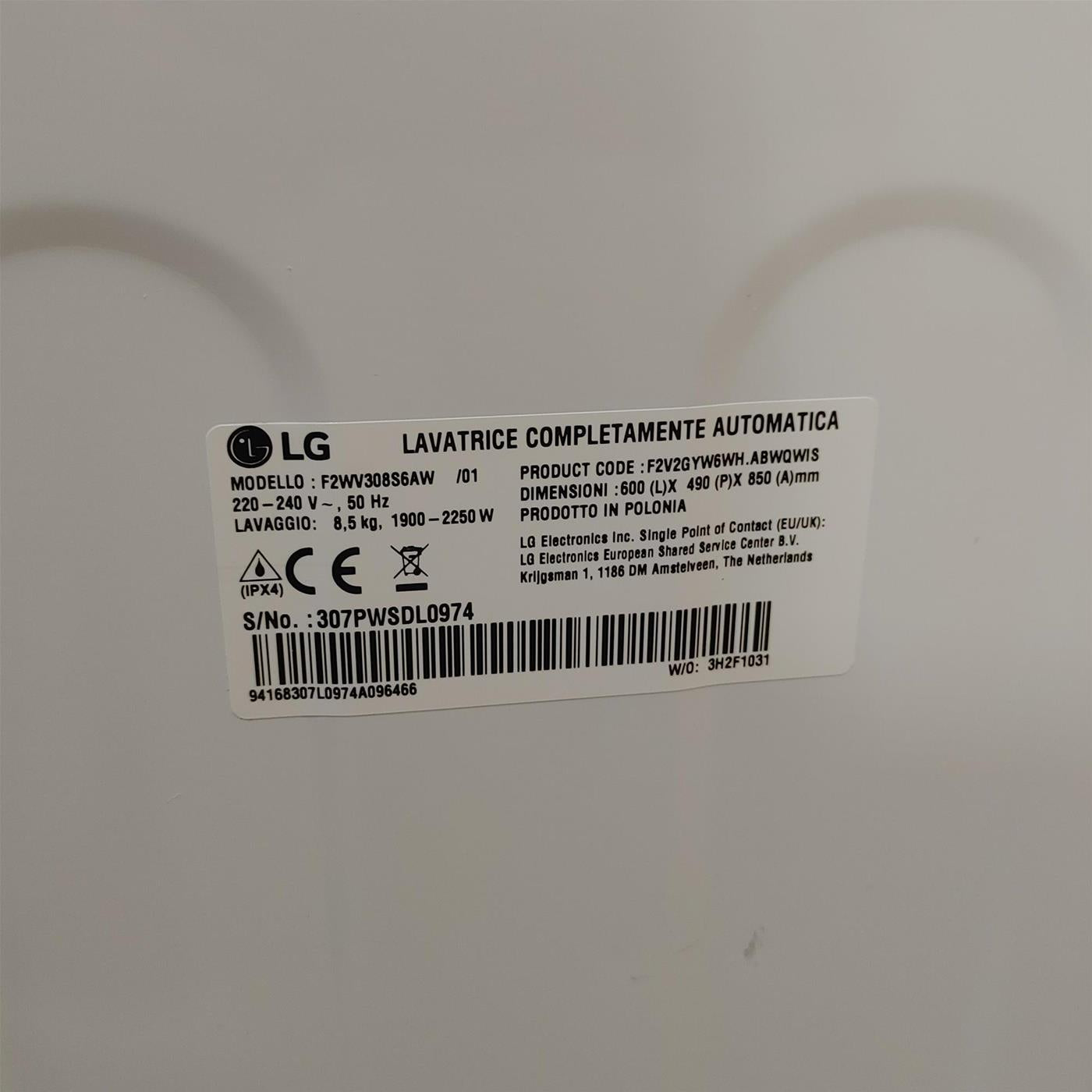 Lavatrice LG F2WV308NEW3 Carica frontale 8,5 kg 1200 Giri/min Bianco