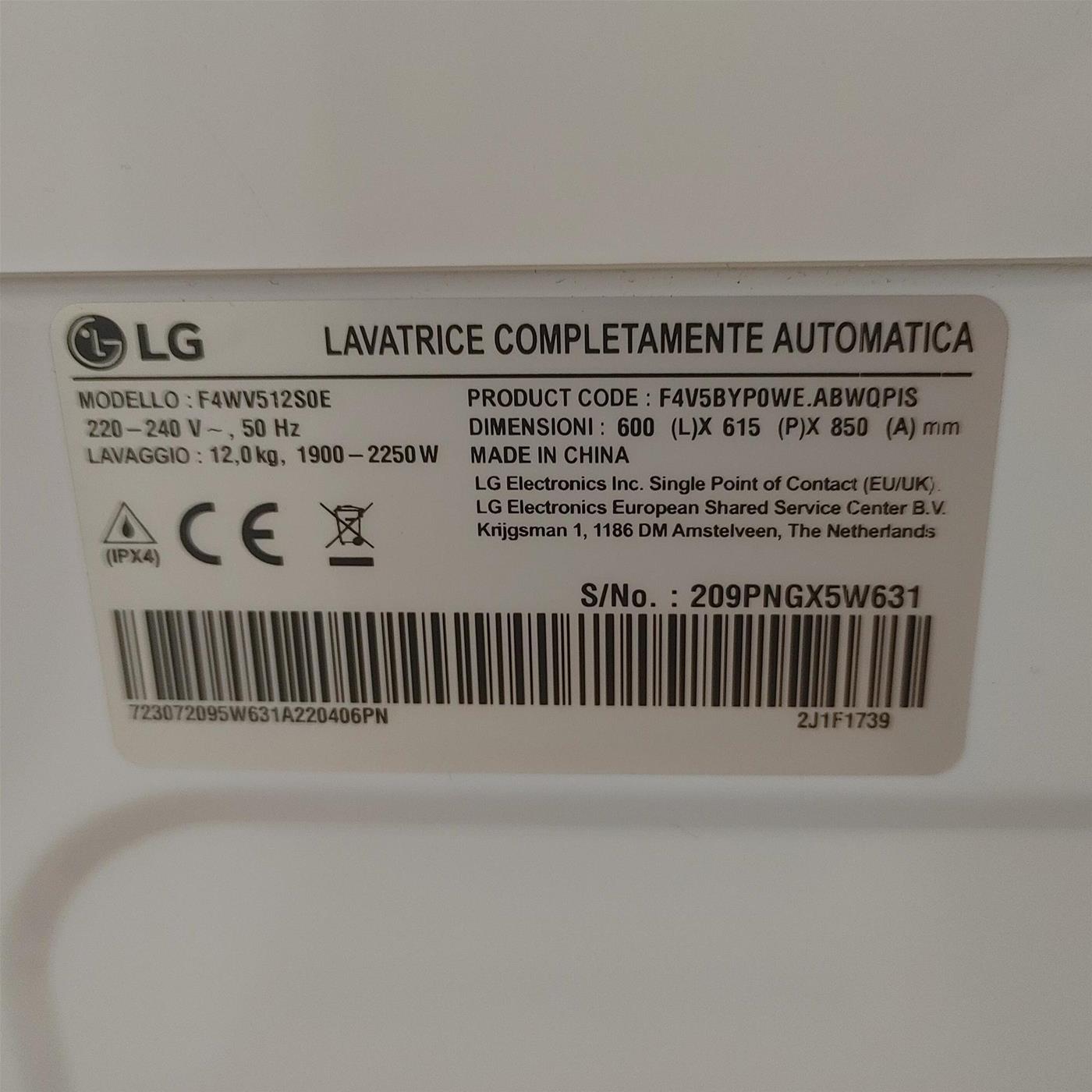 Lavatrice LG F4WV512S0E Carica frontale 12 kg 1400 Giri/min Bianco