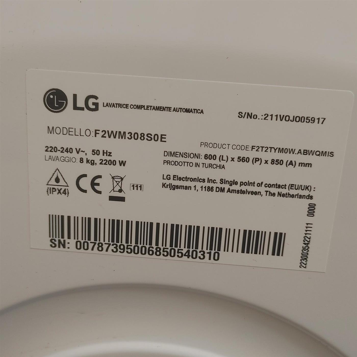 Lavatrice LG F2WV308S6AW AI DD 8,5kg