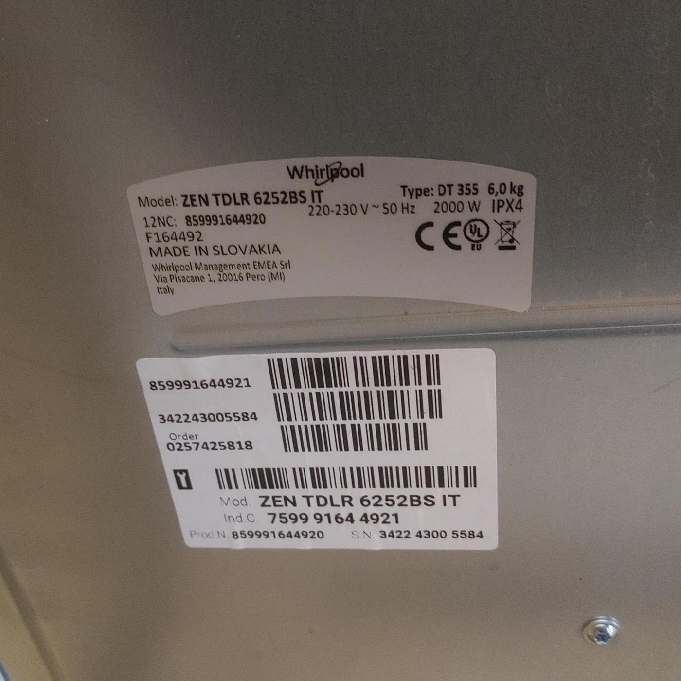 Lavatrice Whirlpool ZEN TDLR 6252BS IT Carica dall'alto 6 kg 1200 giri Bianco